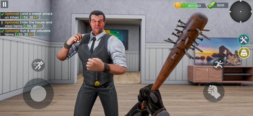 First person view of a thief holding a spiked bat while approaching a guard inside a house in Robbery Crime Simulator.