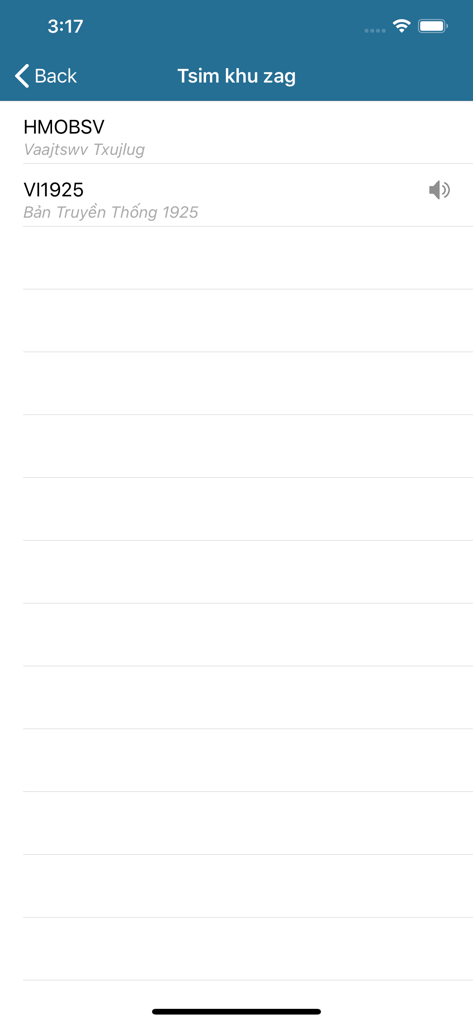 Kinh Thánh H'mông Xanh - Interface of the Kinh Thanh Hmong Xanh app showing Bible version choices including Hmong and Vietnamese