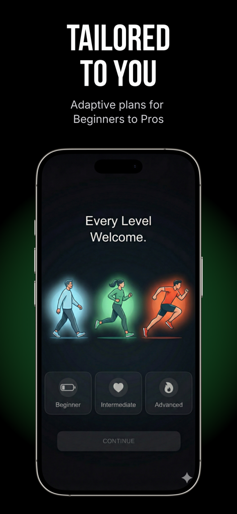 Zone 2 AI: Vo2 Max & Endurance - Schermata di selezione per piani di allenamento adattivi per principianti, intermedi e avanzati nell'app Zone 2 AI.