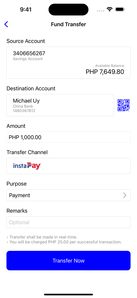 OFBank Mobile Banking - OFBank mobile app fund transfer screen with InstaPay