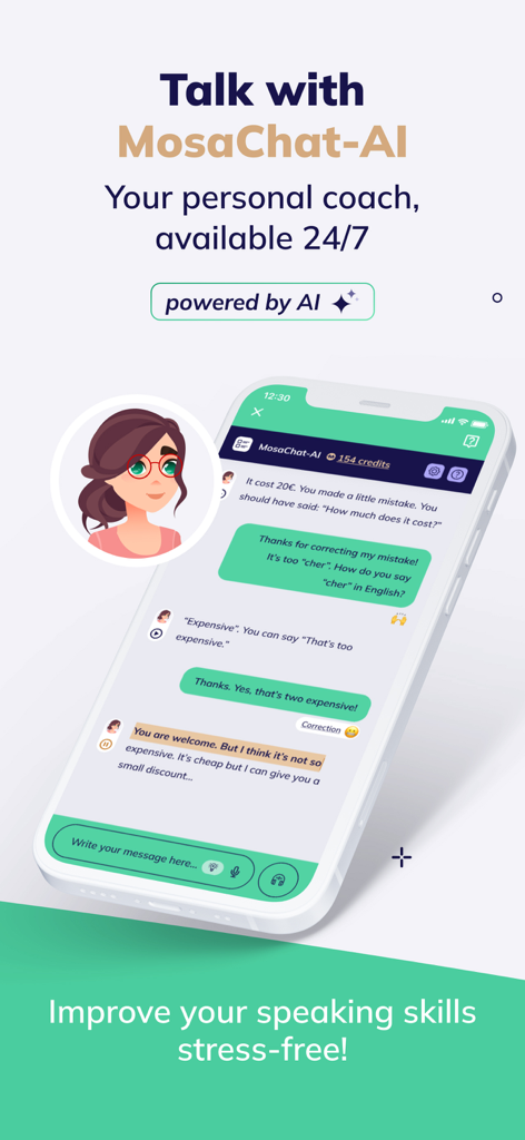 MosaLingua - Learn Languages - Interface of MosaChat-AI showing real-time language corrections from an AI tutor.