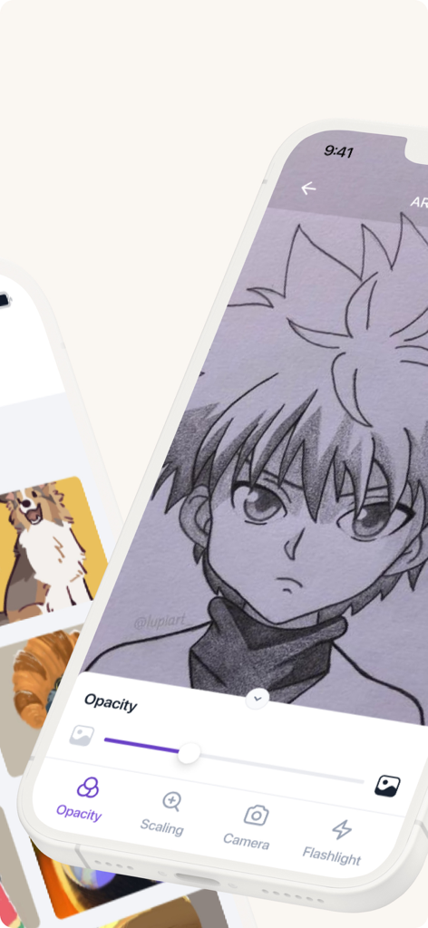 AR Drawing: Easy to Sketch - Mobile app interface for AR drawing featuring an anime character sketch with opacity and scaling controls.