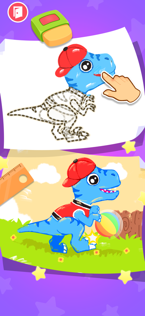 Un dinosaure bleu de dessin animé portant une casquette rouge est tracé et colorié dans un jeu de dessin créatif pour enfants.