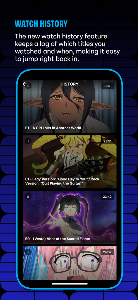 HIDIVE - Uno smartphone che mostra il registro della cronologia di visione nell'app anime HIDIVE mostrando gli episodi guardati di recente