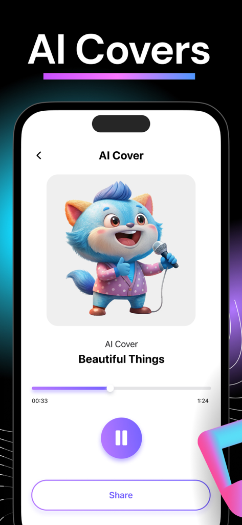 Interface do aplicativo AI Music Maker mostrando uma capa de música com IA e player