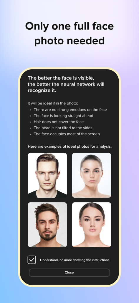 Instructions for uploading a clear face photo for AI analysis in the Merlin Dating app