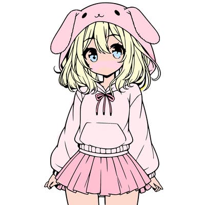 pretty anime girl wearing a fluffy hoodie with bunny ears on the hood and a skirt