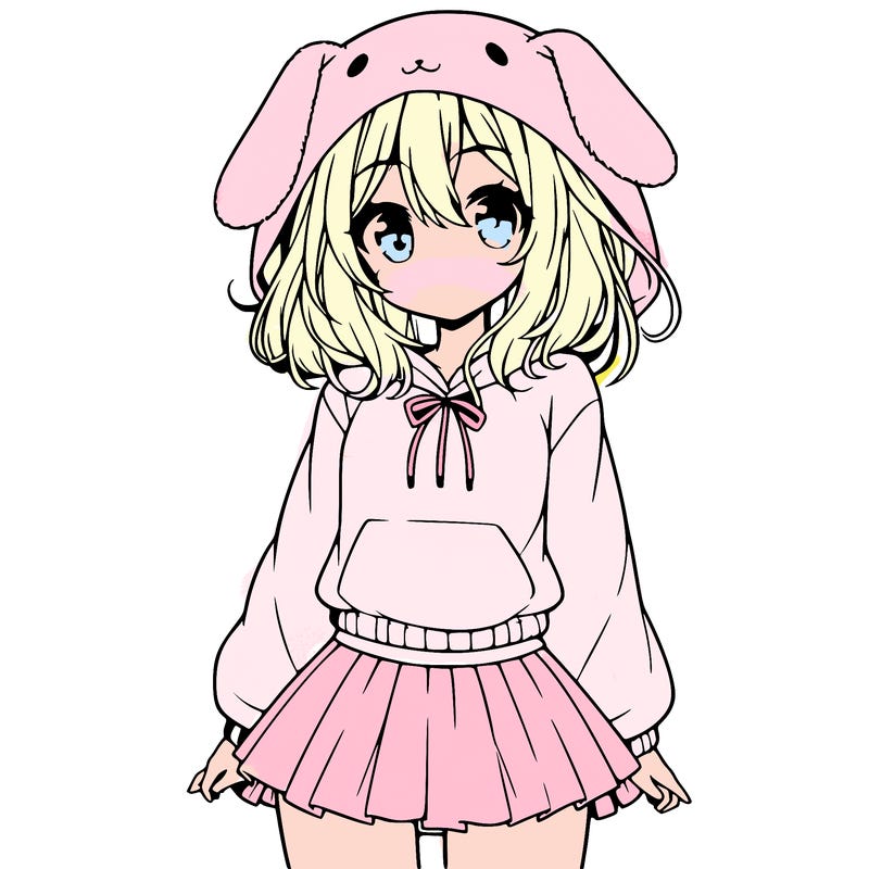 pretty anime girl wearing a fluffy hoodie with bunny ears on the hood and a skirt