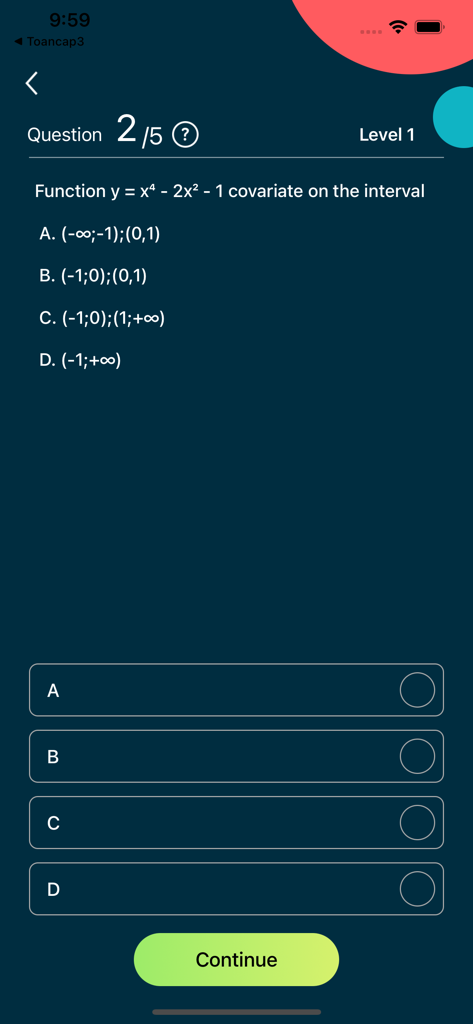 STMath - A math quiz screen in the STMath app displaying a function problem with multiple choice answers and a continue button