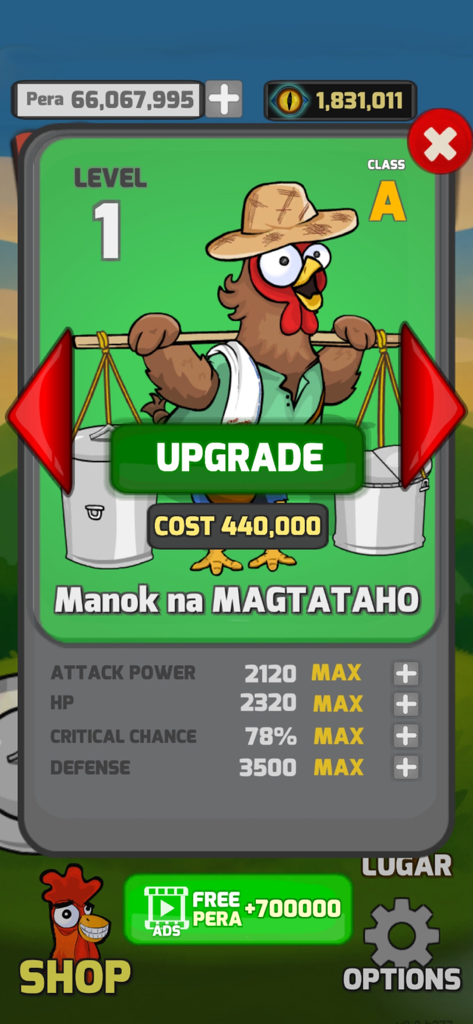 Manok Na Pula - Multiplayer - Upgrade interface in the Manok Na Pula game showing a chicken character dressed as a traditional taho vendor with maxed out stats
