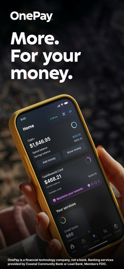 OnePay – Mobile Banking - OnePay 모바일 금융 앱 홈 화면, 현금 잔액 및 신용 점수 표시