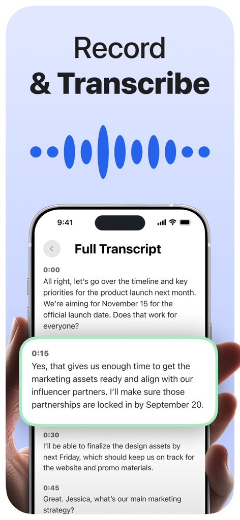Echo AIアプリが表示されたスマートフォンの画面。完全な会議文字起こしと音声波形が表示されています。