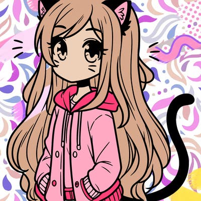 girl with long hair jacket and cat ears and tail