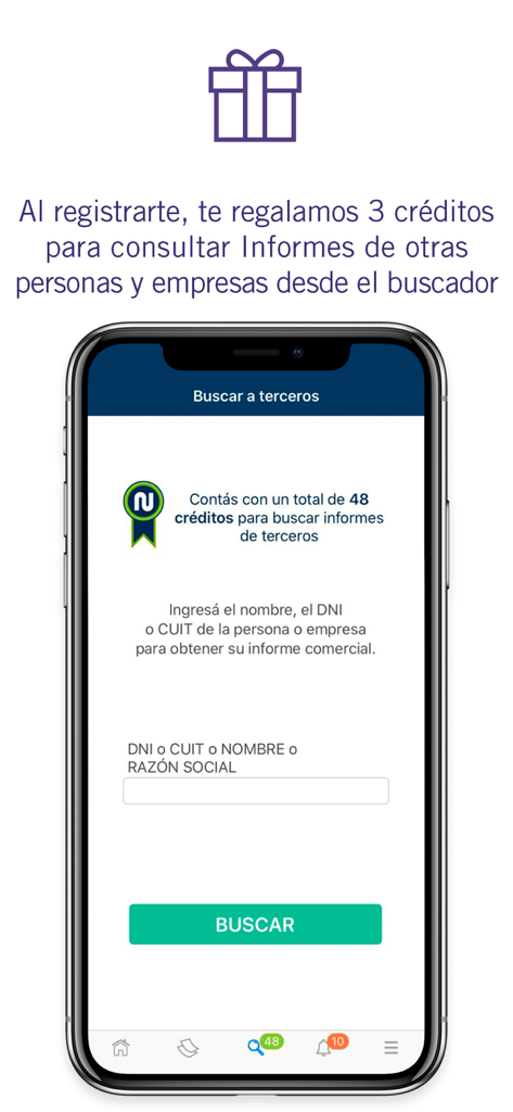 Mobile interface of Mi Nosis app showing the search screen for third party credit reports using DNI or CUIT.