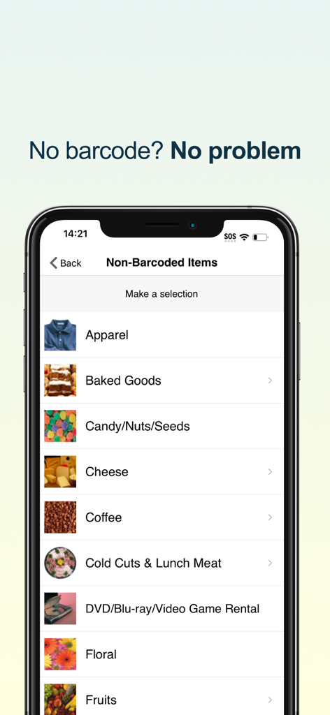 NCPMobile app screen displaying a list of shopping categories for reporting items without barcodes like apparel, baked goods, and cheese.
