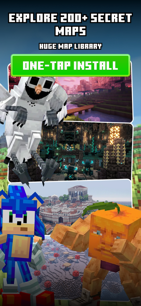 Eine Anzeige von geheimen Minecraft-Karten und benutzerdefinierten Charakter-Skins mit einer Ein-Tipp-Installieren-Schaltfläche.