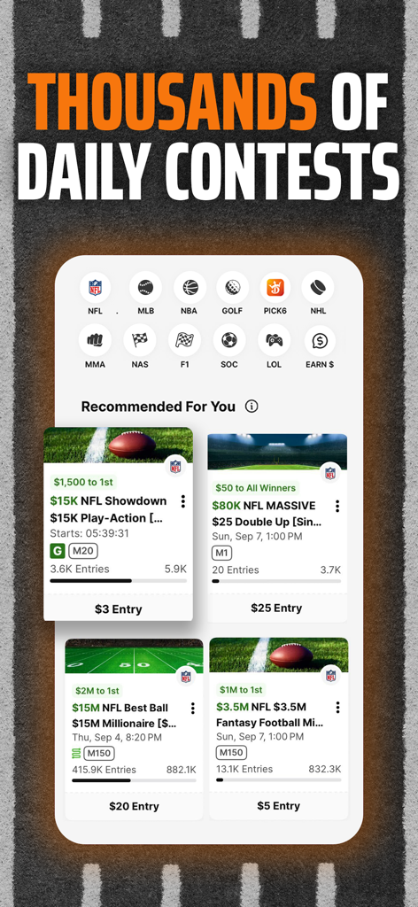 DraftKings Fantasy Sports - 상금 풀 및 참가비가 포함된 NFL을 위한 다양한 일일 판타지 스포츠 콘테스트를 표시하는 DraftKings 앱 인터페이스