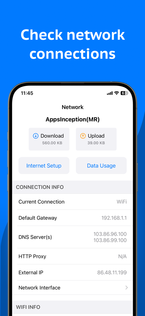 Pantalla de smartphone mostrando la aplicación Network Analyzer con información detallada de la conexión WiFi y velocidades de datos