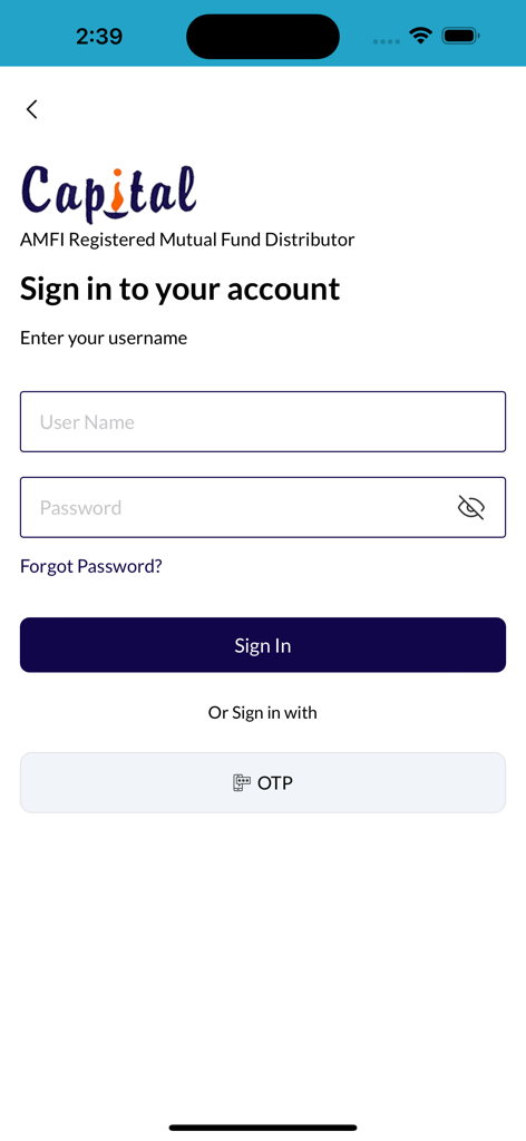 Capital Investment - Página de inicio de sesión de la aplicación Capital Investment para gestionar portafolios de fondos mutuos indios