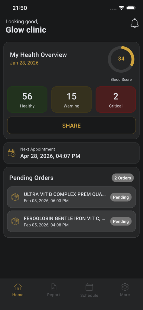 Luma Wellness - Tela inicial do aplicativo Luma Wellness exibindo métricas de saúde de pontuação sanguínea e pedidos de suplementos pendentes