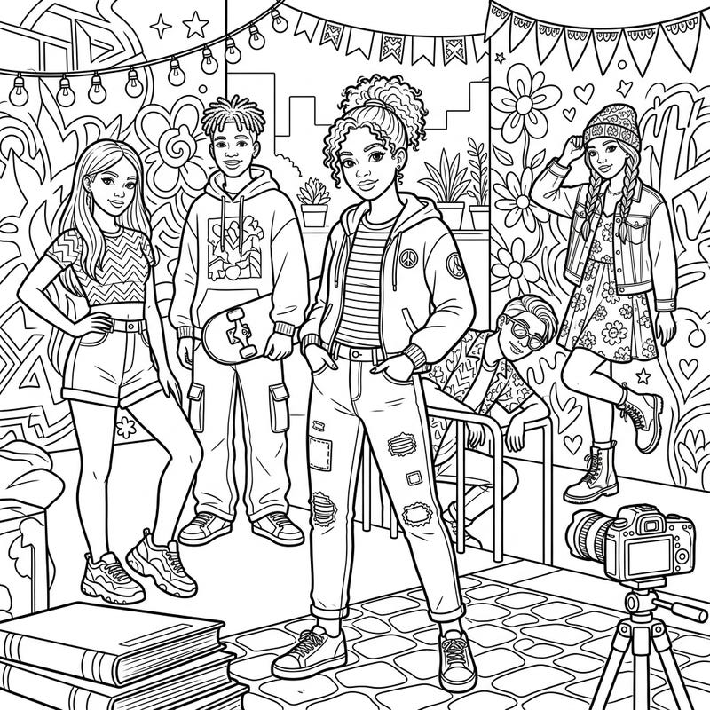 Dive into the exciting world of teen fashion with this dynamic coloring page. Featuring a group of stylish teenage models in a full-scene composition, it's perfect for anyone who loves fashion, urban vibes, and creative expression.