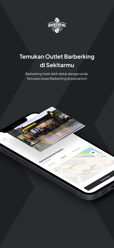 Barberking - Mobile phone displaying the Barberking app screen for finding nearby barbershop outlets with a map and shop details.