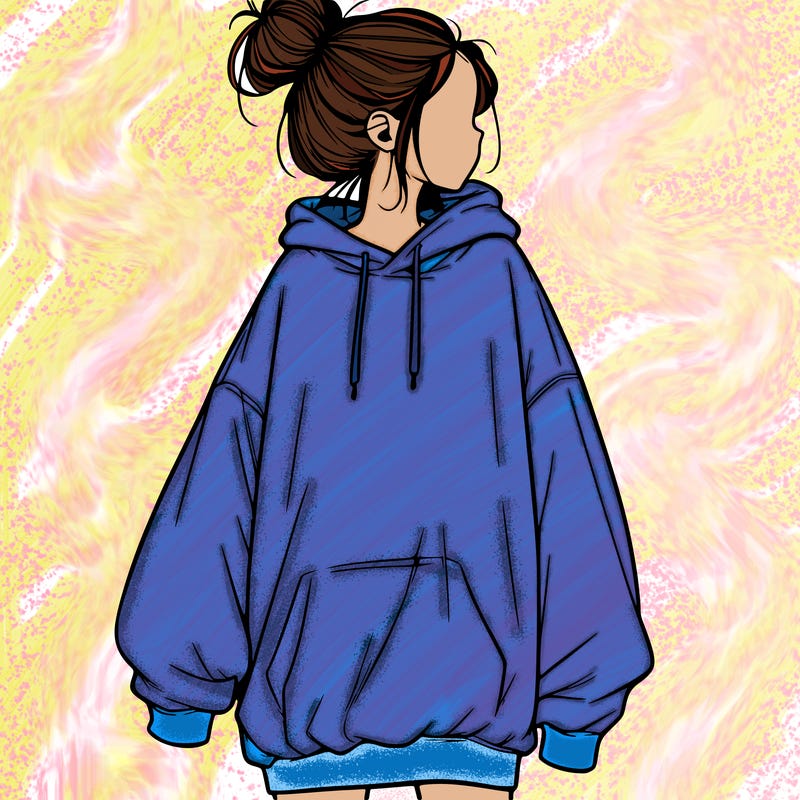 realistic girl with a oversized sweatshirt on and a bun