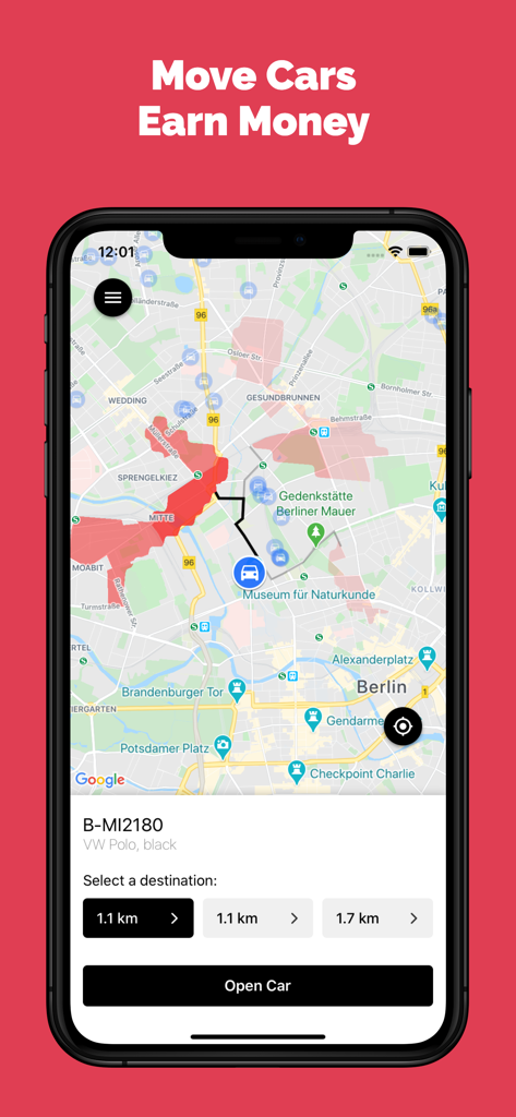 StreetCrowd - StreetCrowd app screenshot showing a map with a car relocation route and a button to open the vehicle