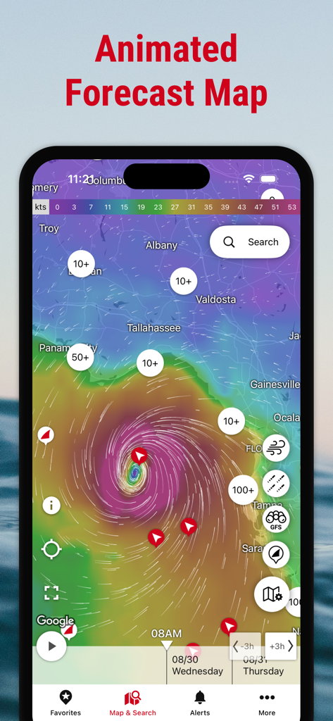 Animated wind forecast map in the Windfinder app showing wind speed and direction patterns over Florida.