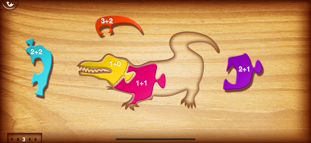 1 + 2 = 3 Jungle Puzzle - Jeu de puzzle mathématique pour enfants mettant en scène un crocodile où chaque pièce contient un problème d'addition simple