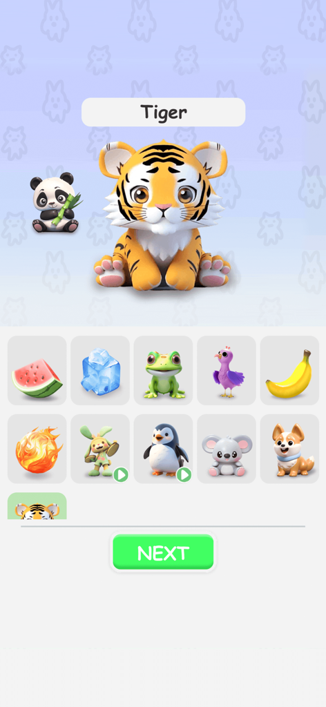 A gameplay screenshot of Mix Monster Animal Merge Game showing a cute tiger character and a grid of various animals and objects to combine