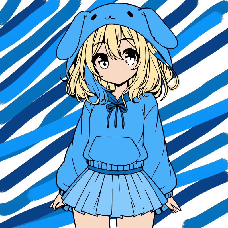 pretty anime girl wearing a fluffy hoodie with bunny ears on the hood and a skirt