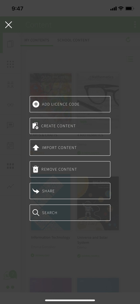 Blinklearning - Blinklearning app menu screen with options to add license code create import or remove educational content