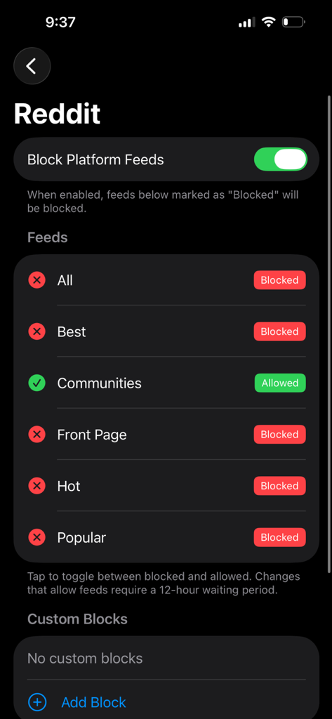 Scrolless Feed Blocker - Interface of the Scrolless app showing how to block specific Reddit feeds like Popular and Front Page while allowing others.