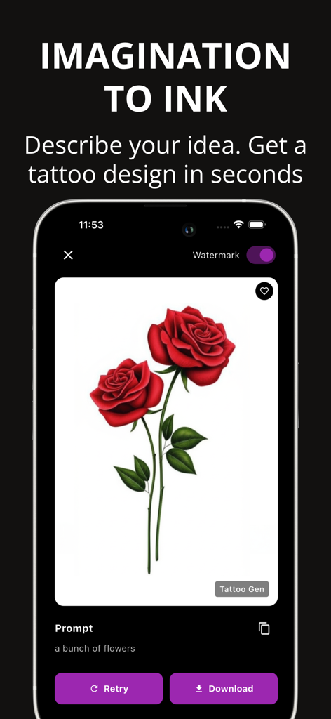Tattoo Design - Tattoo Editor - A mobile app interface displaying a red rose tattoo design generated by AI