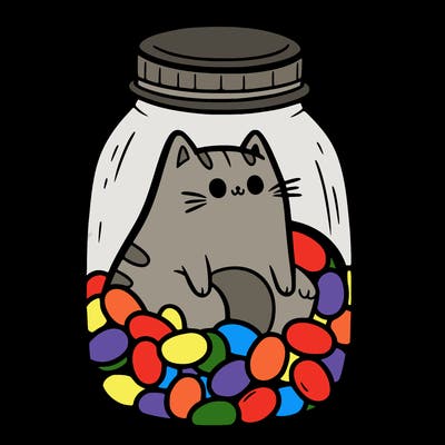 a cat earing a jar of jellybeans