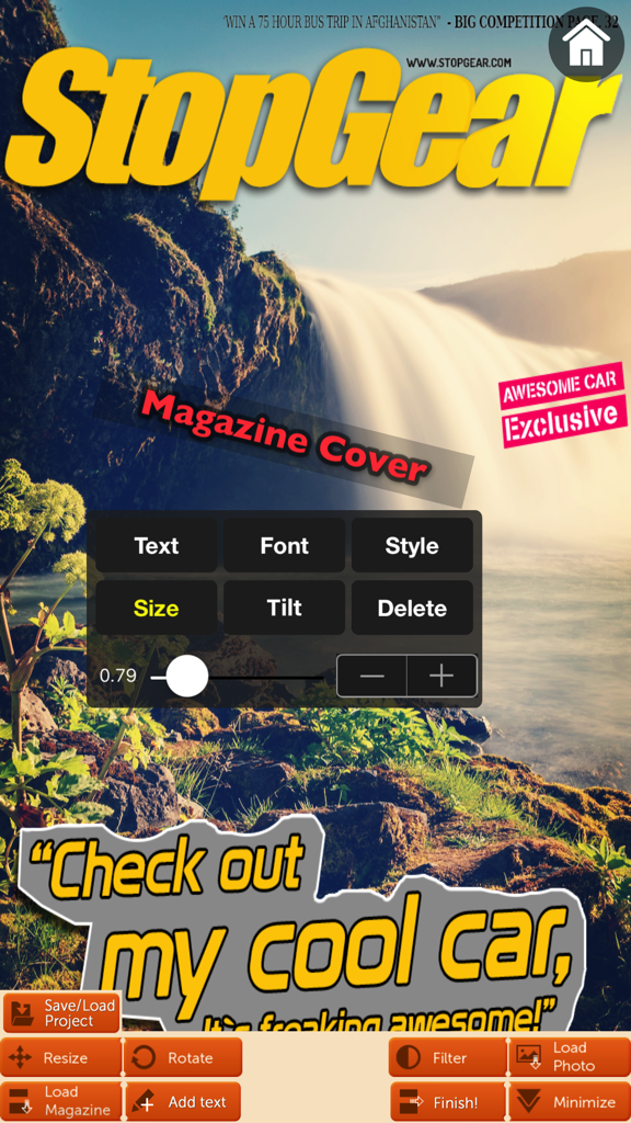 Magazine Cover - Filter, Add text style, 3D effect - Interfaz de aplicación móvil para crear una portada de revista con texto personalizable y filtros.