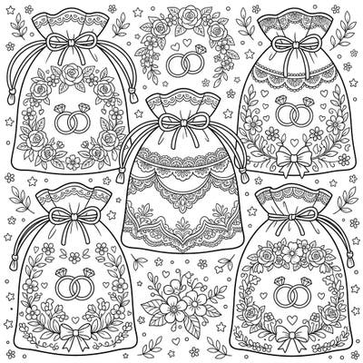 Discover a charming collection of wedding favor pouch bags, each intricately designed with romantic details like intertwined rings, delicate bows, and blooming flowers. This enchanting coloring page is perfect for celebrating love and adding a personal touch to wedding festivities.