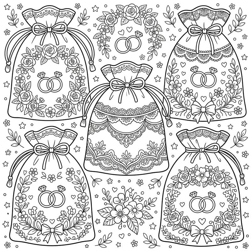 Discover a charming collection of wedding favor pouch bags, each intricately designed with romantic details like intertwined rings, delicate bows, and blooming flowers. This enchanting coloring page is perfect for celebrating love and adding a personal touch to wedding festivities.
