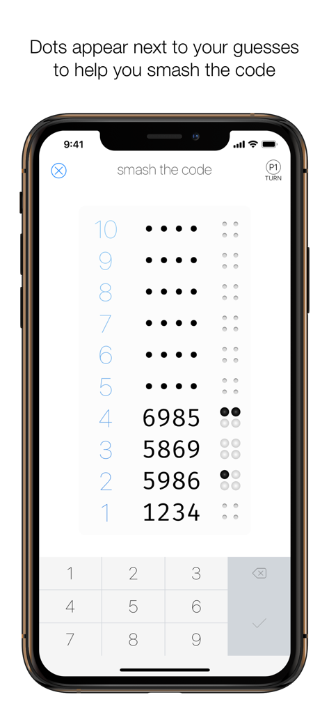 Una pantalla de juego de Smash the Code mostrando conjeturas de números y puntos de pistas lógicas en un iPhone