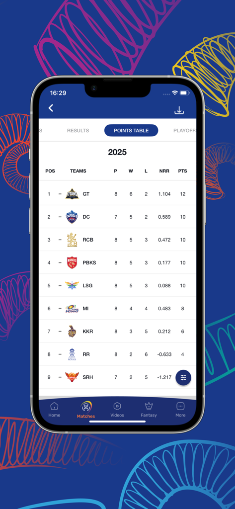 Official IPL app displaying the 2025 points table and team standings