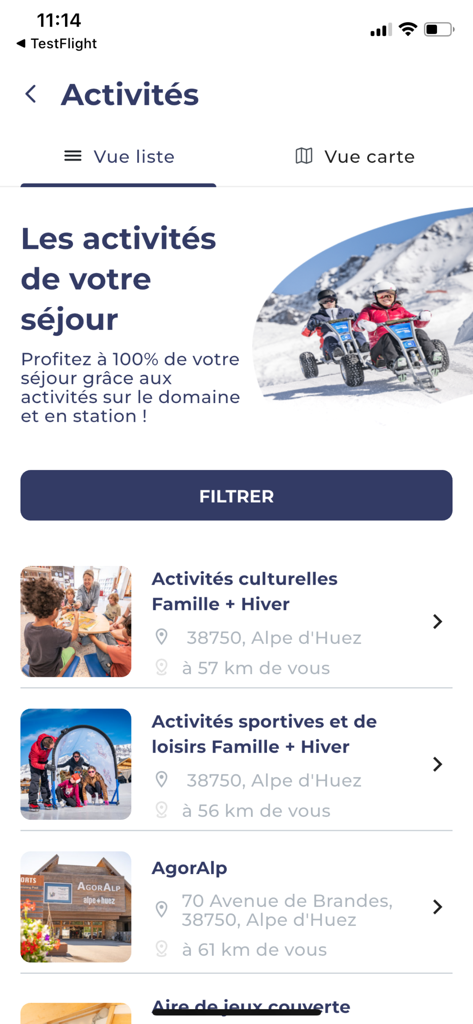 Screen of the Alpe d Huez app displaying a list of winter activities for families