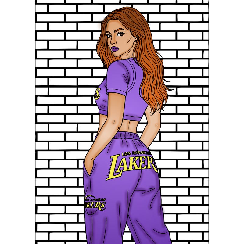 realistic woman wearing a 2 piece los angeles lakers outfit short top with baggy pants with long hair standing against a brick wall modeling her outfit thin and black lines to color