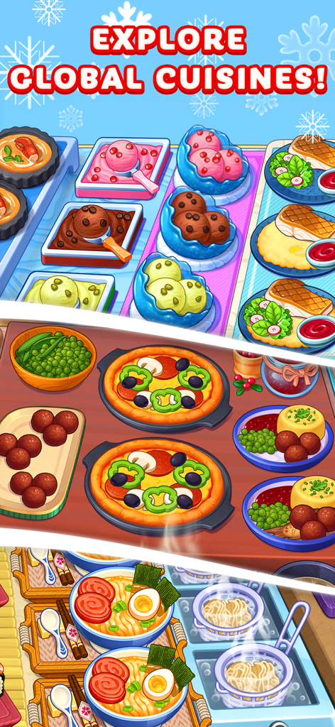 Chef and Friendsの料理ゲームにある、アイスクリーム、ピザ、ラーメンなど、カラフルな料理の数々。