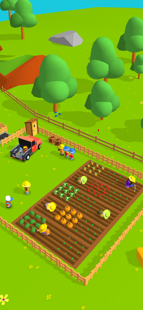 Cartoon farmers tending to a vegetable patch with watermelons and pumpkins in My Farming Empire Idle Tycoon