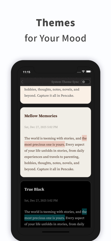 Ein mobiler Bildschirm, der helle und dunkle Schreibthemen in der PenCake Journal App zeigt