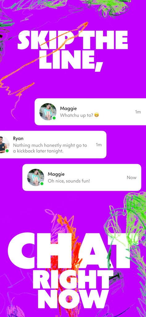 Wink Dating: Meet, Chat & Date - Captura de pantalla de la app de citas Wink mostrando mensajes instantáneos entre usuarios sobre un vibrante fondo morado