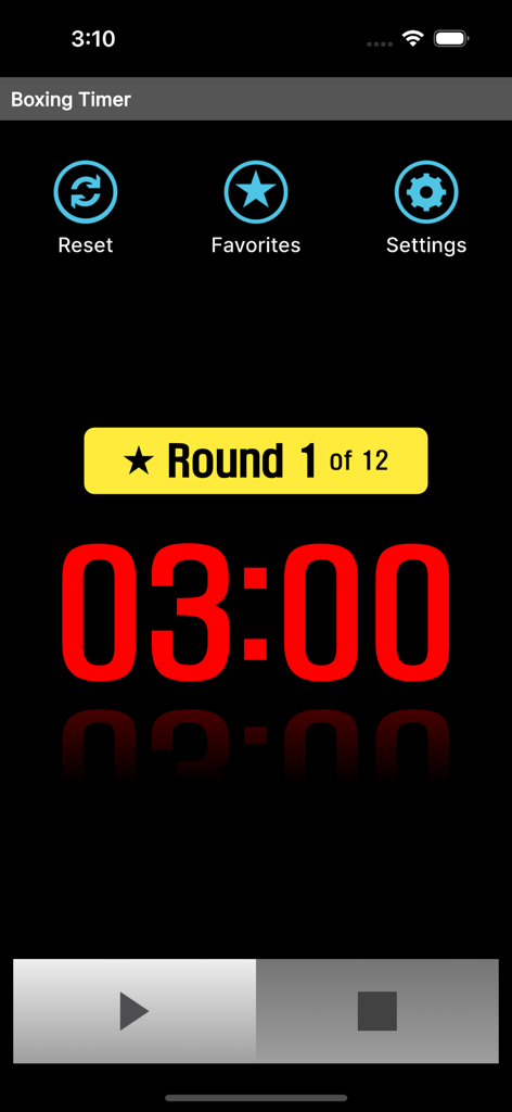 Interface do aplicativo móvel Boxing Timer mostrando uma contagem regressiva de três minutos em grandes números digitais vermelhos para o round de treino um de doze.