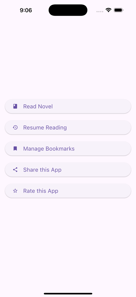 Main menu of the Lams e Junoon romantic Urdu novel app featuring options to read resume reading and manage bookmarks