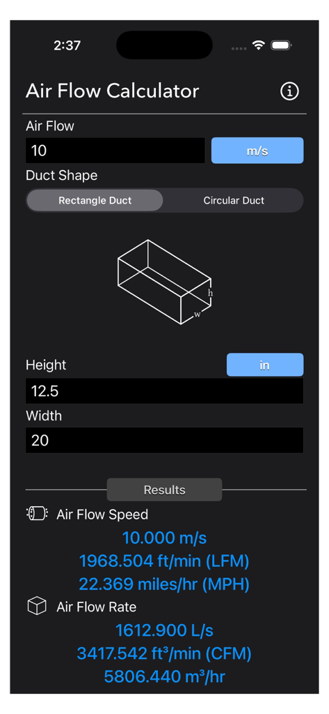 Air Flow Conversion Calculator app interface showing rectangular duct dimensions and conversion results for speed and flow rate